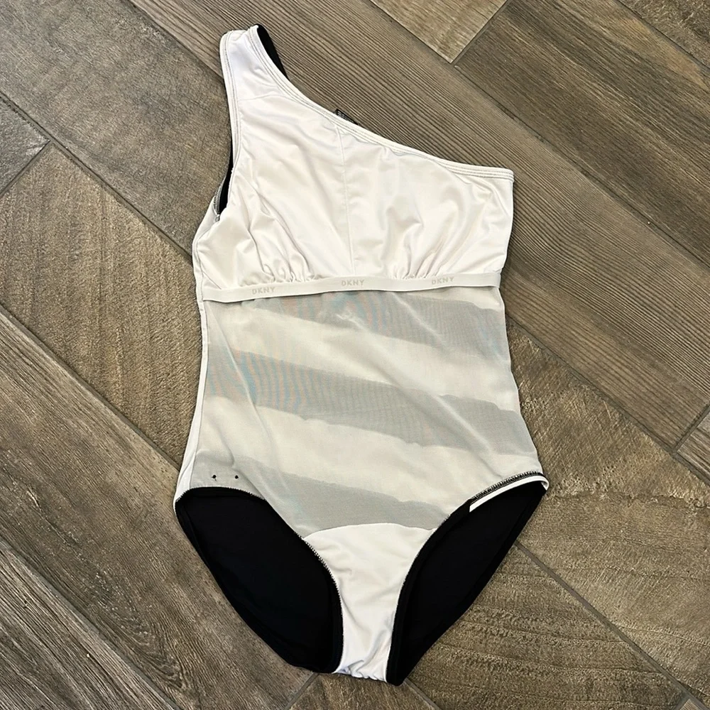 DKNY One Shoulder One Piece Swimsuit Size 10 Black White Colorblock Stripe - Picture 12 of 15